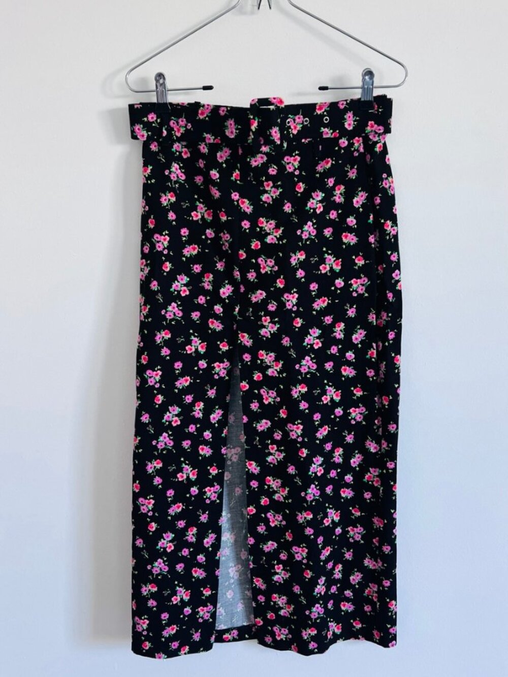 Zara Black Pink Ditsy Floral Belted Midi Skirt Romantic 90s